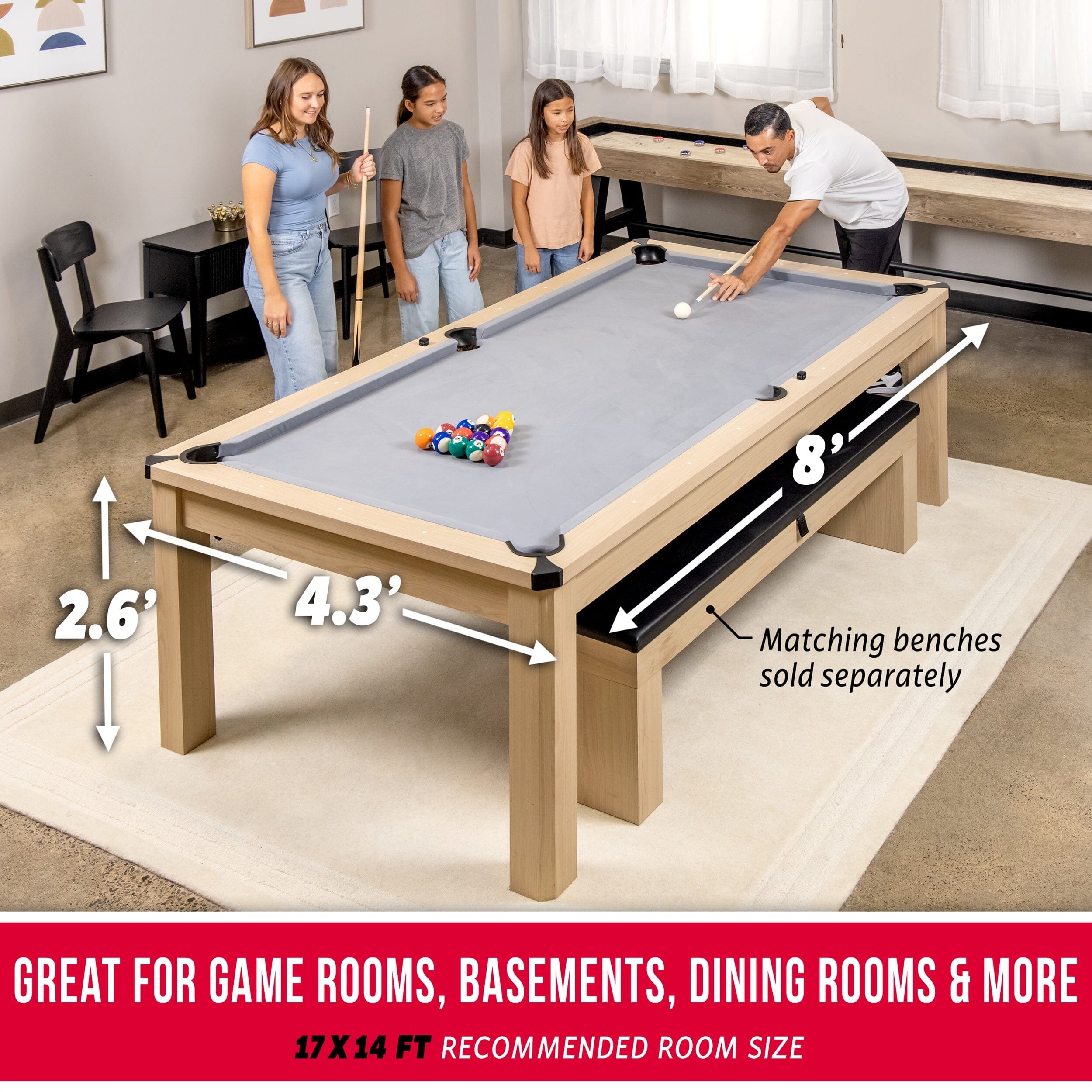 GoSports 8 ft 3 in 1 Pool, Dining, & Table Tennis Combo Table and Storage Benches - Convertible Billiards with Game Accessories