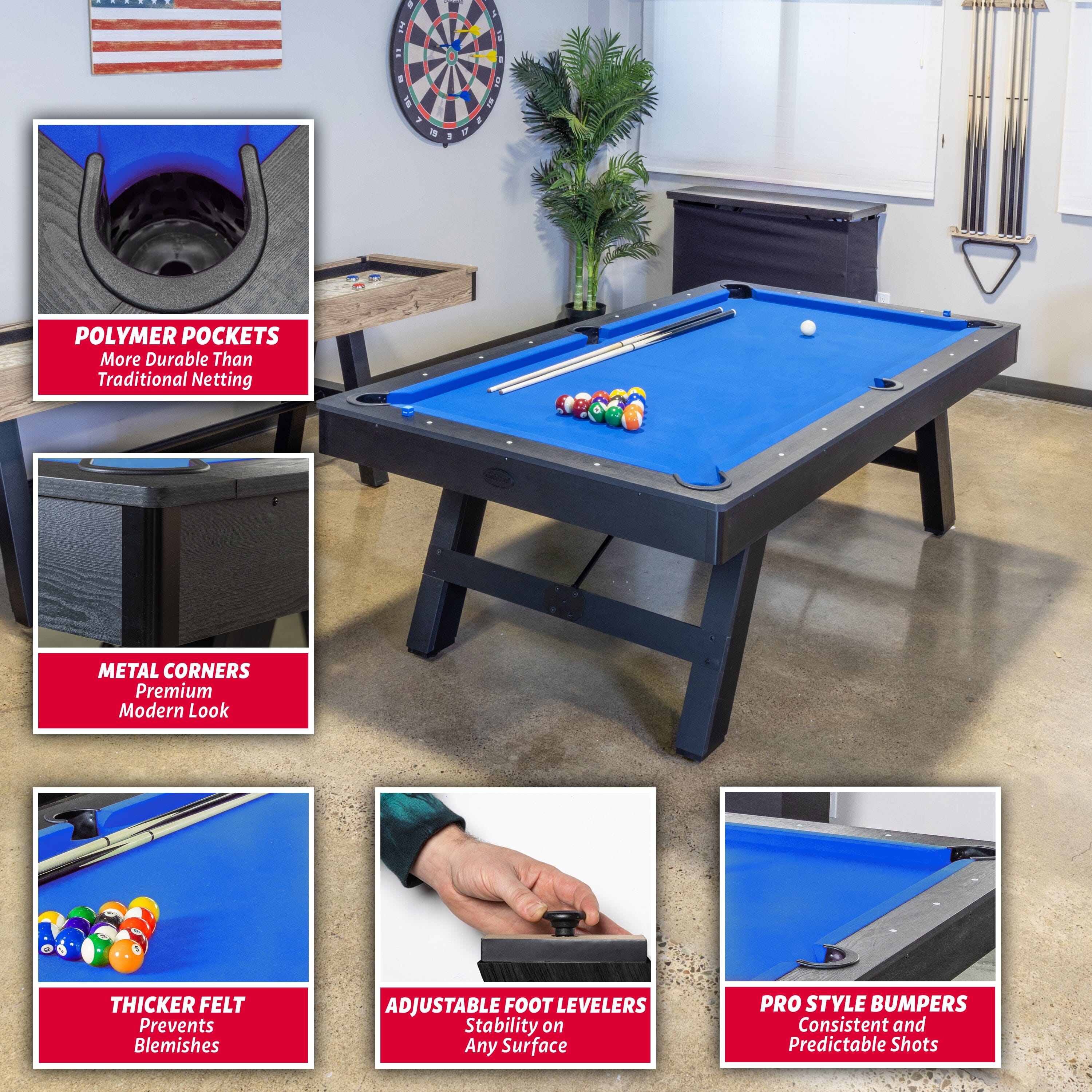 GoSports 8 ft Pool Tables with Wood Finish - Modern Billiards Table with 2 Cue Sticks, Balls, Rack, Felt Brush and Chalk