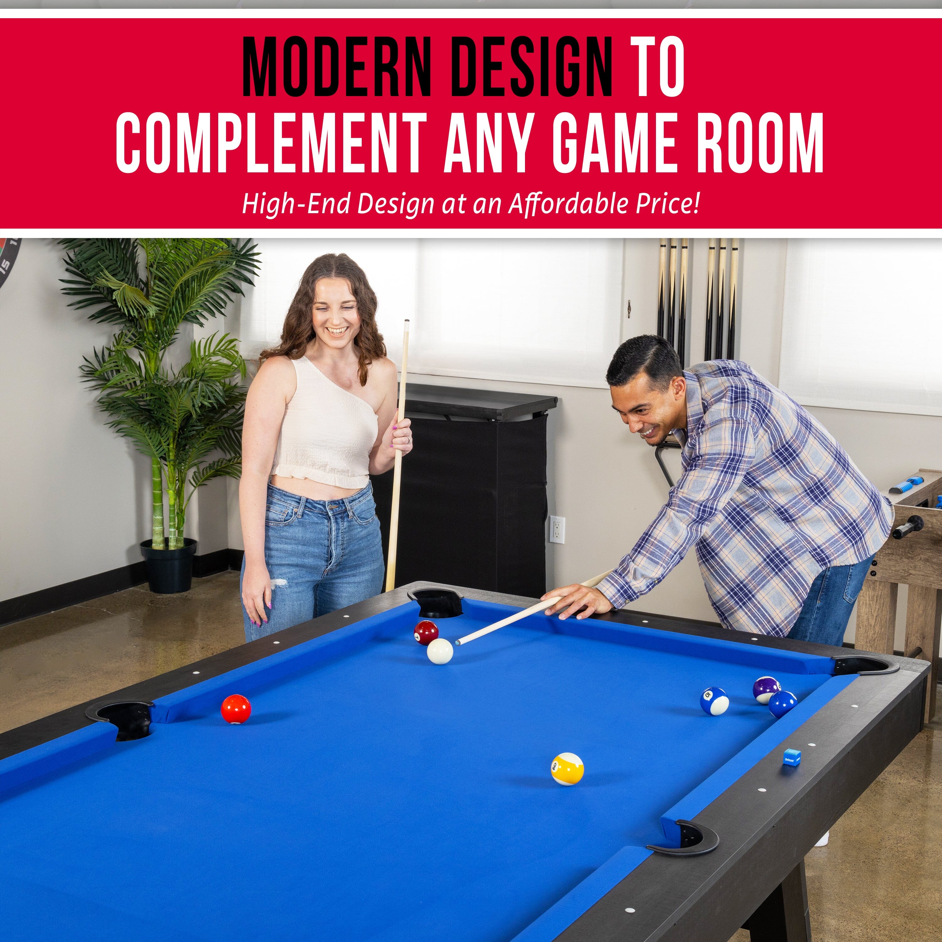 GoSports 8 ft Pool Tables with Wood Finish - Modern Billiards Table with 2 Cue Sticks, Balls, Rack, Felt Brush and Chalk