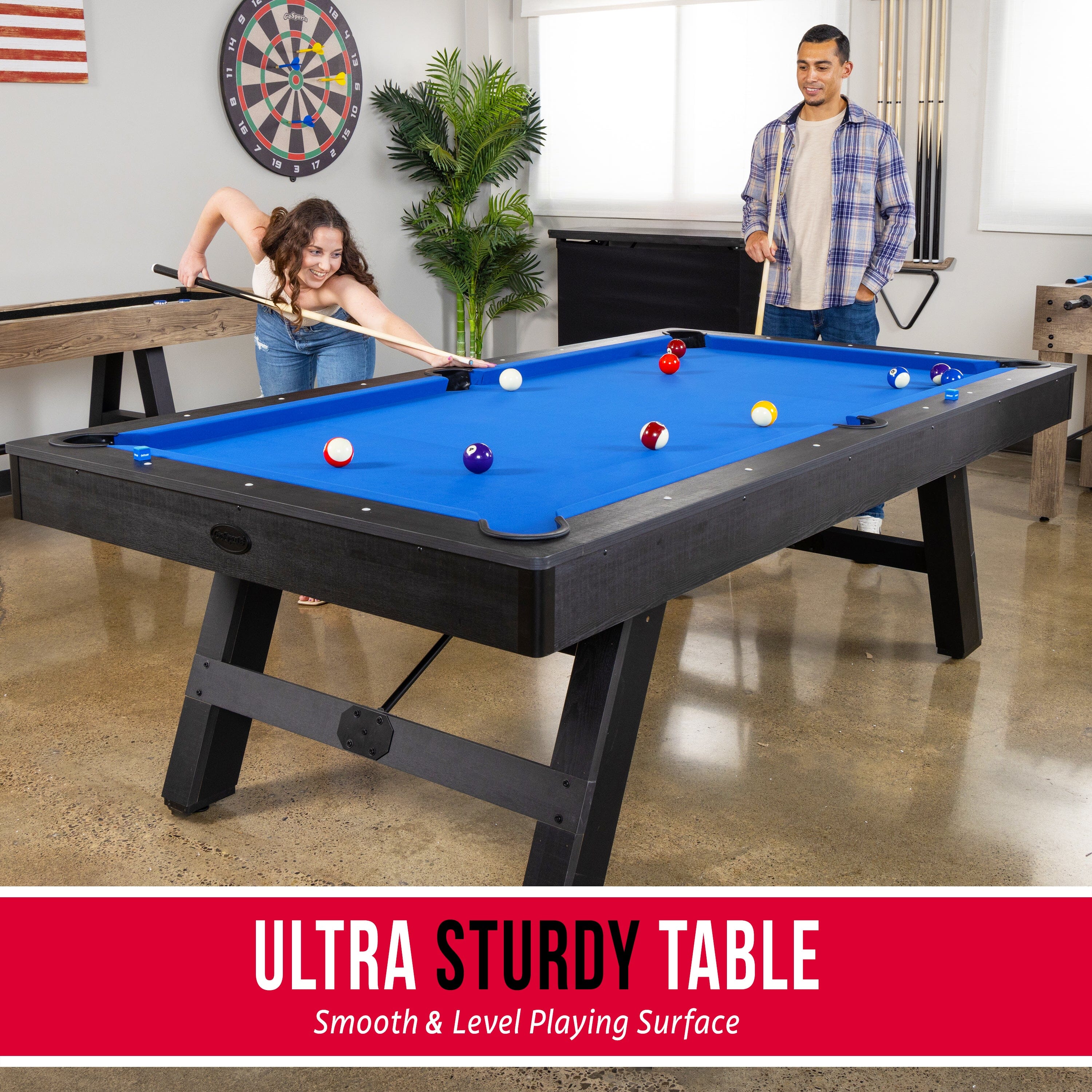 GoSports 8 ft Pool Tables with Wood Finish - Modern Billiards Table with 2 Cue Sticks, Balls, Rack, Felt Brush and Chalk