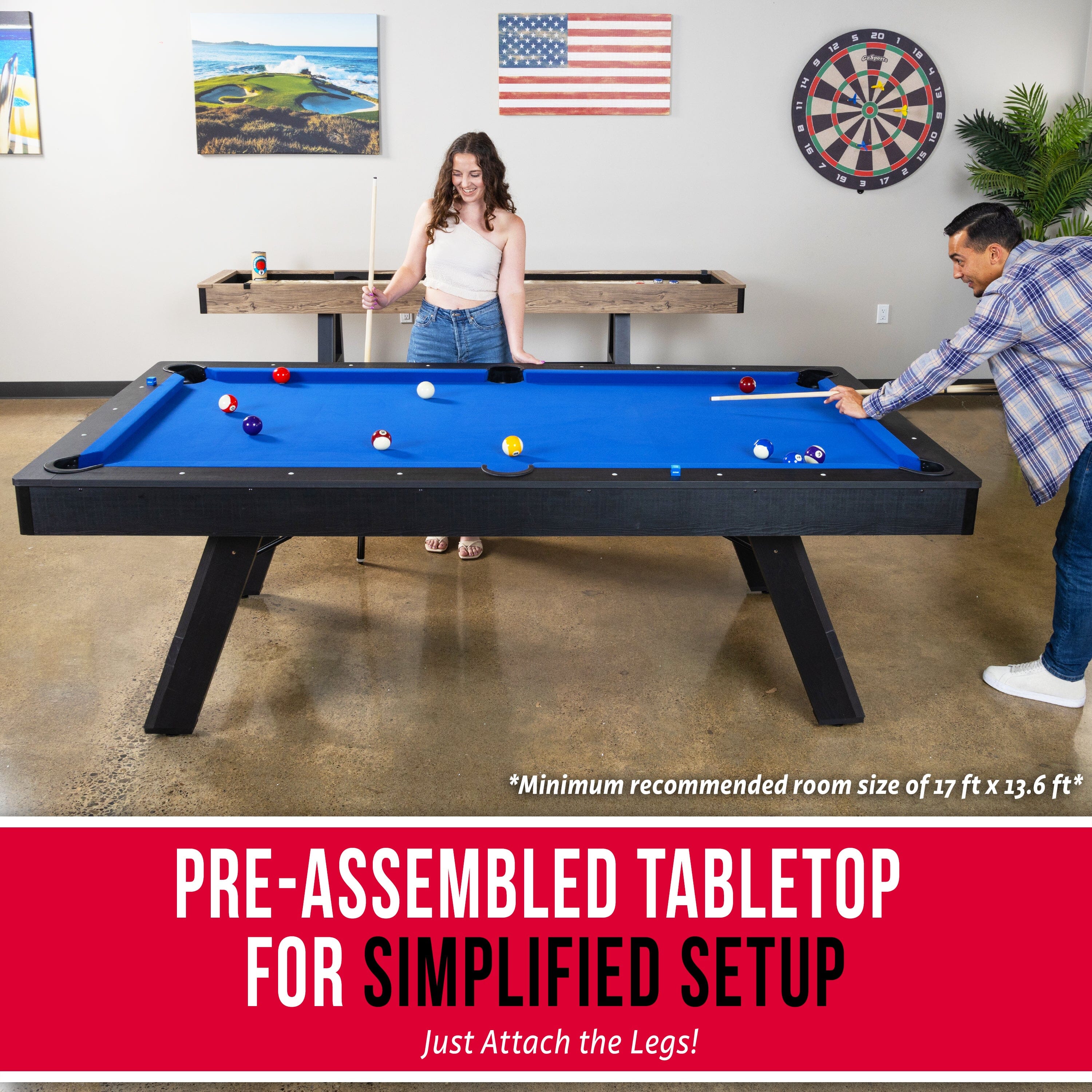 GoSports 8 ft Pool Tables with Wood Finish - Modern Billiards Table with 2 Cue Sticks, Balls, Rack, Felt Brush and Chalk