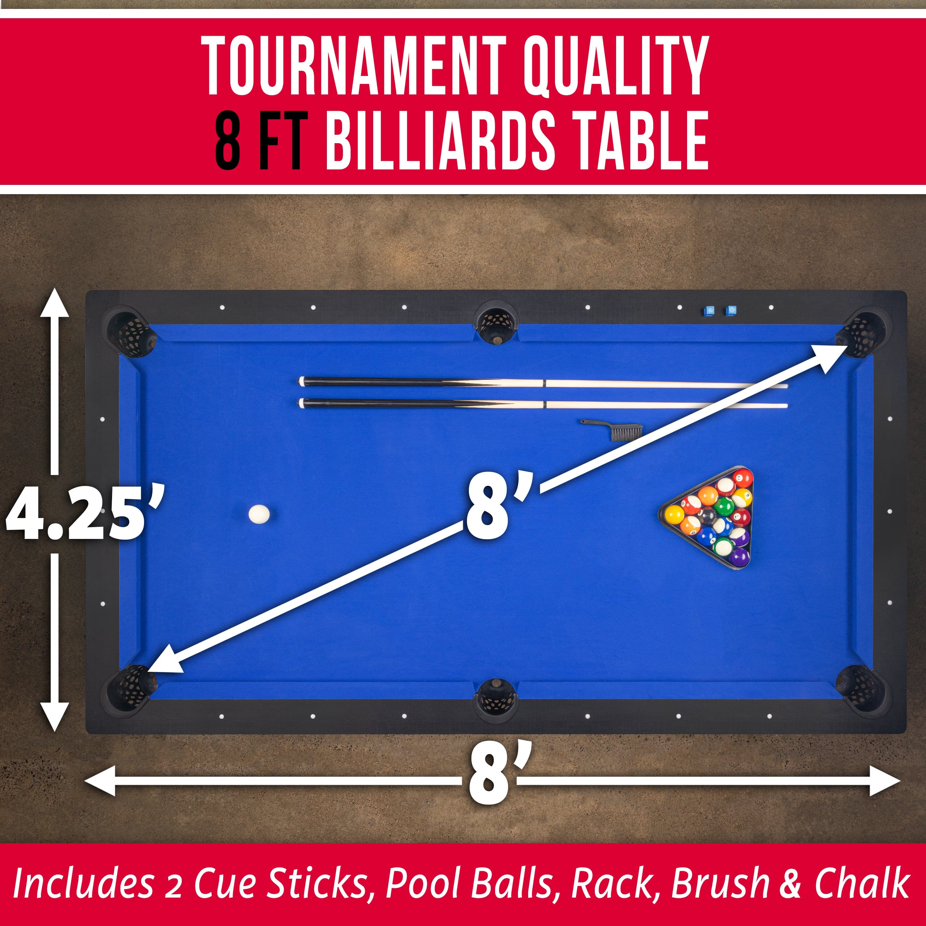 GoSports 8 ft Pool Tables with Wood Finish - Modern Billiards Table with 2 Cue Sticks, Balls, Rack, Felt Brush and Chalk