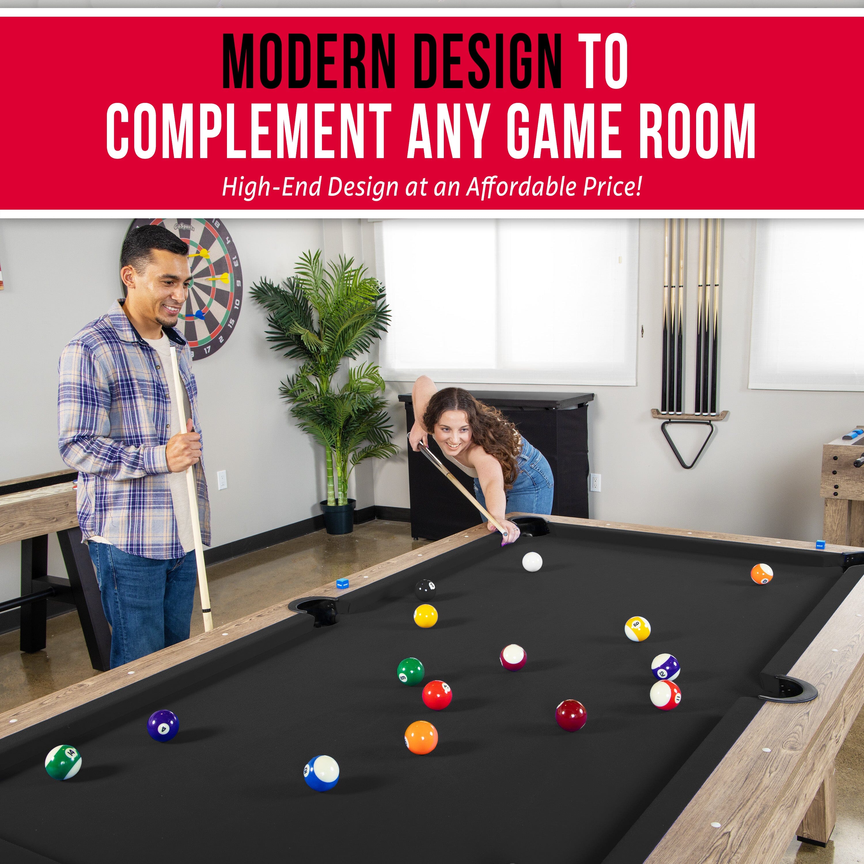 GoSports 8 ft Pool Tables with Wood Finish - Modern Billiards Table with 2 Cue Sticks, Balls, Rack, Felt Brush and Chalk