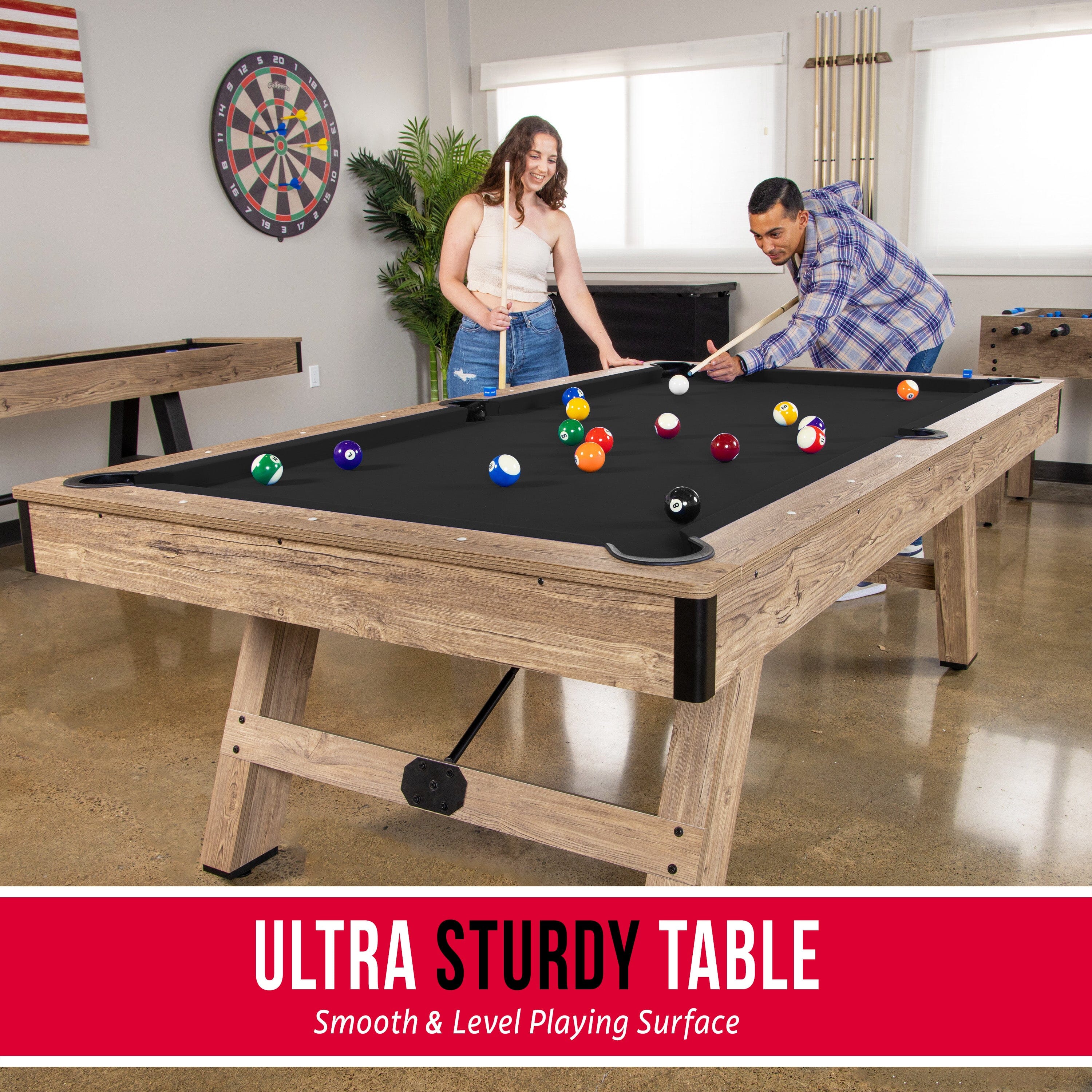 GoSports 8 ft Pool Tables with Wood Finish - Modern Billiards Table with 2 Cue Sticks, Balls, Rack, Felt Brush and Chalk
