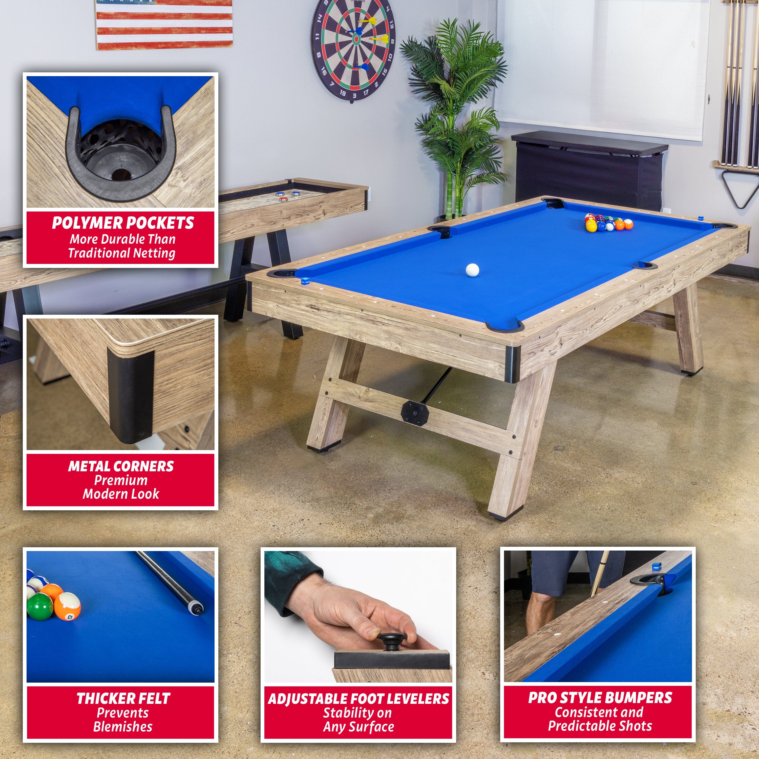 GoSports 8 ft Pool Tables with Wood Finish - Modern Billiards Table with 2 Cue Sticks, Balls, Rack, Felt Brush and Chalk